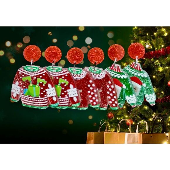 NWT 3 PC Set Of Glittery Fun Ugly Christmas Sweater Dangle Earrings - Picture 7 of 8